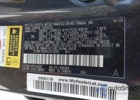 2010 Lexus Rx 350 from USA, damaged, VIN 2T2BK1BA9AC033905